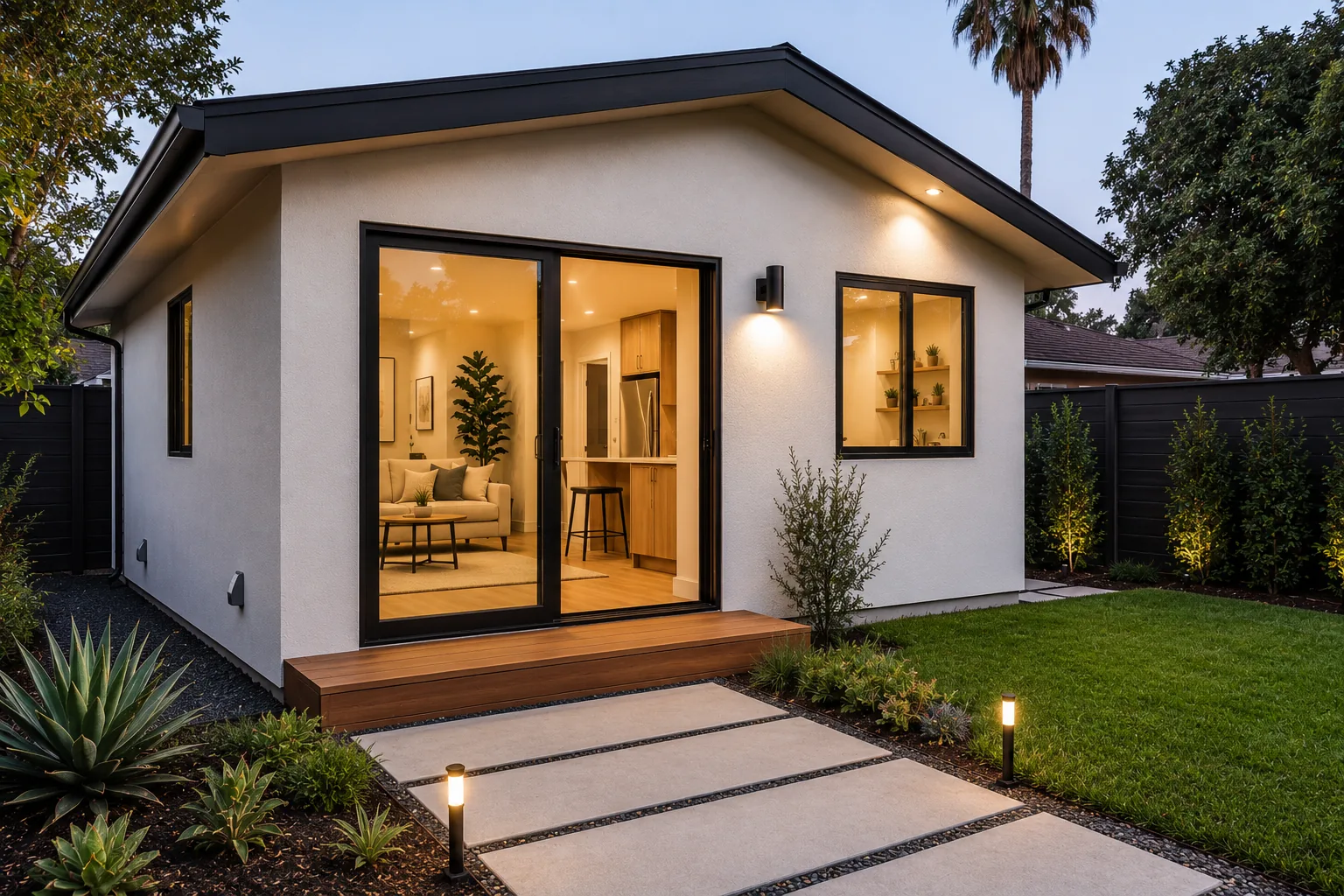 A detached stucco ADU in a backyard at twilight