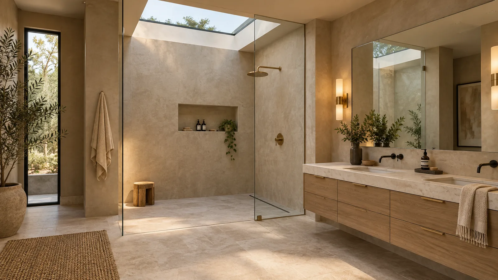 A walk-in shower under a skylight beside a floating wood double vanity with brass fixtures