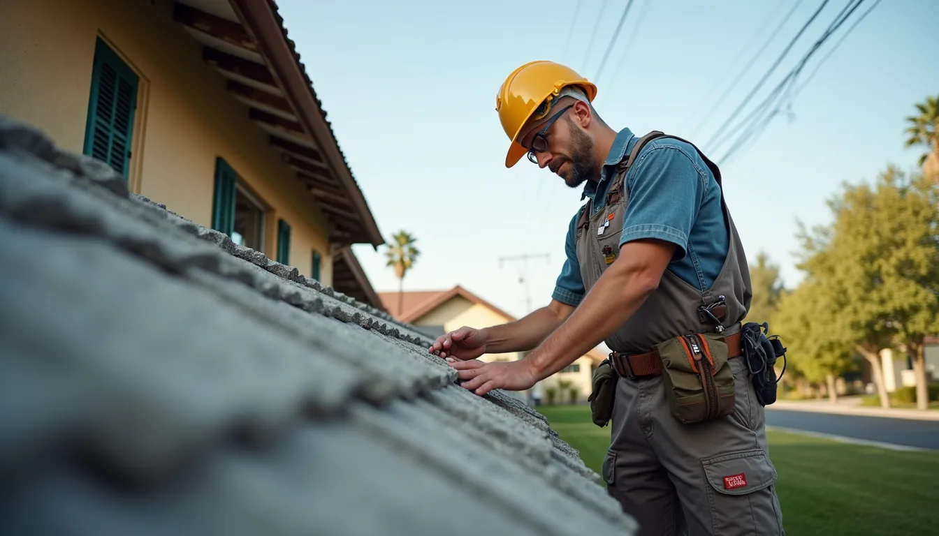 A roofer inspecting a clay tile roof on a Spanish-style house