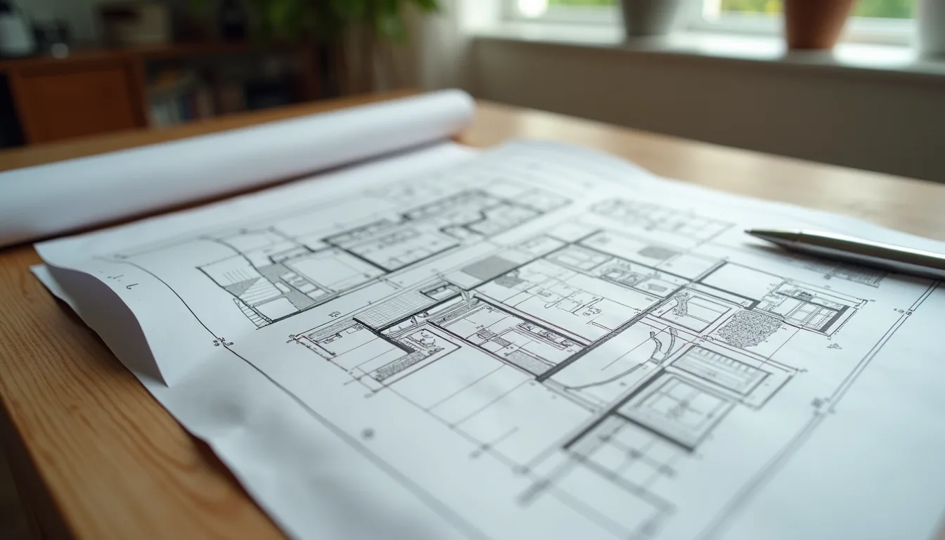A floor plan unrolled on a wood desk