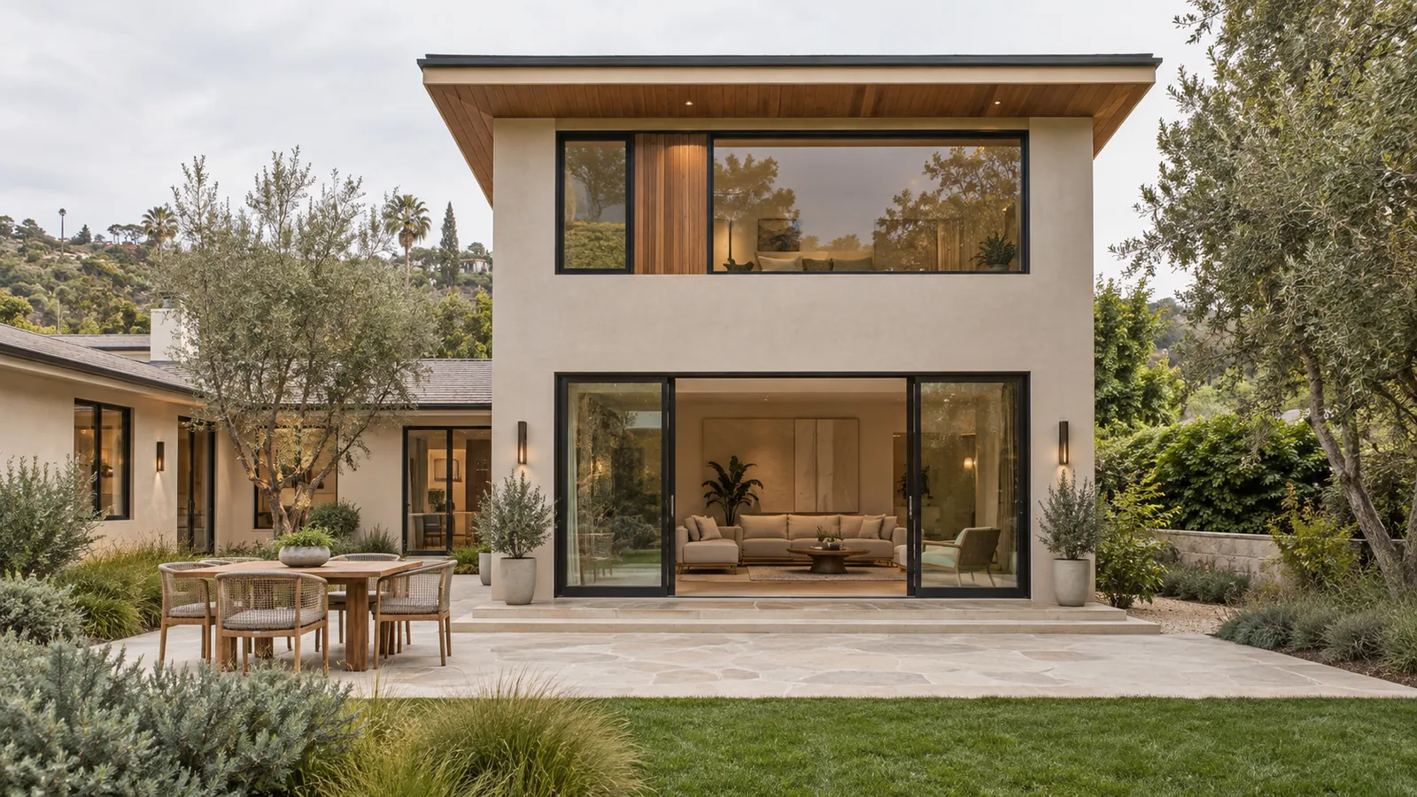 A two-story stucco addition with large windows beside a single-story house and stone patio