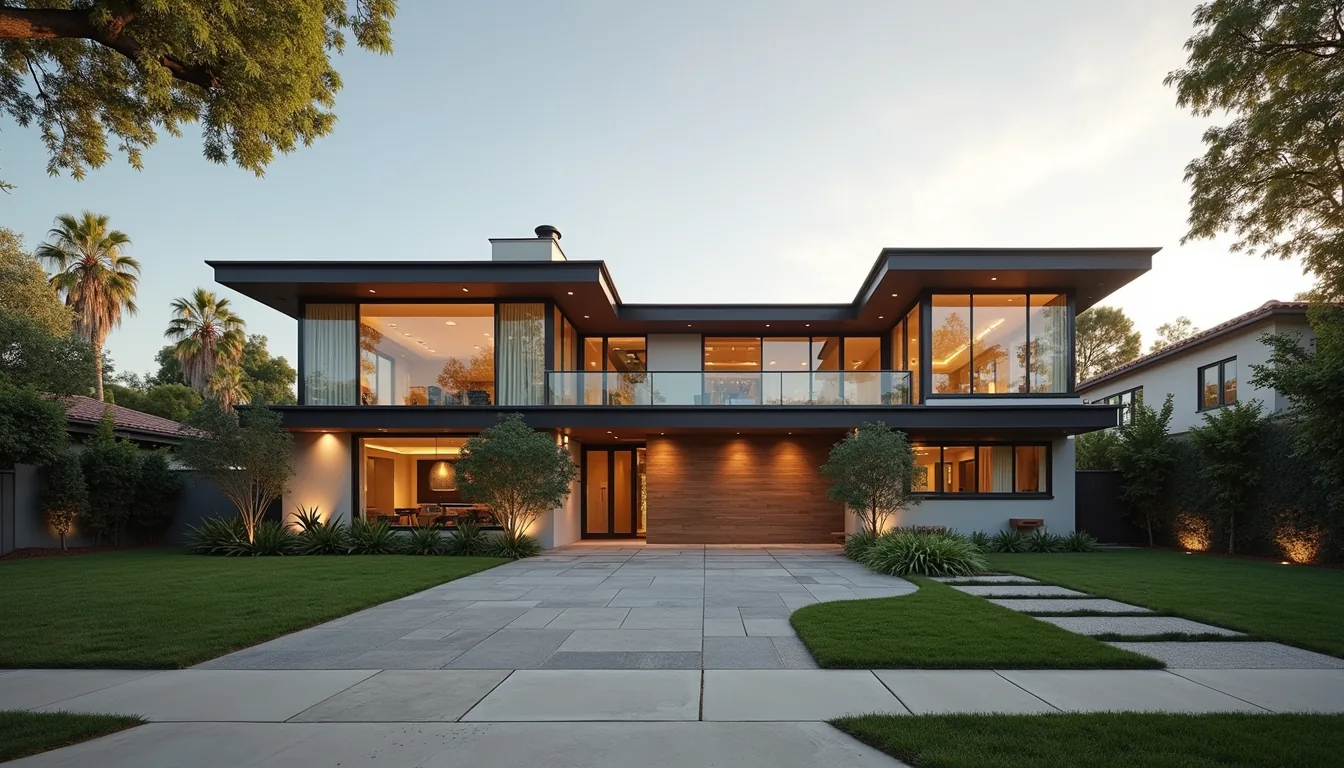 A modern two-story home at twilight